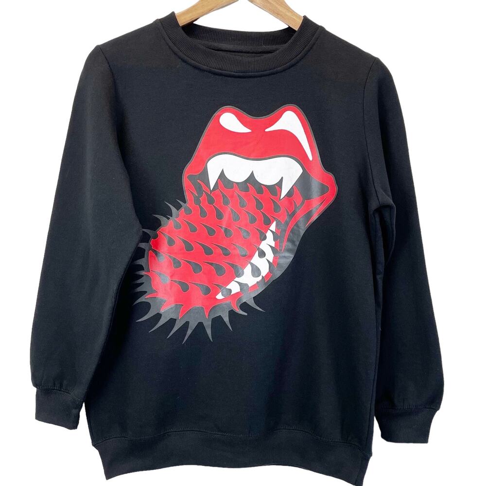 NEW Rolling‎ Stones Womens XS Sweatshirt Spikey Tongue Black Long Sleeve Band